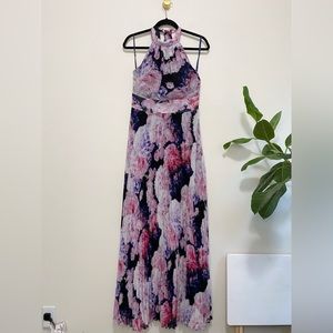 Eliza J Floral Pink Blue High Neck Halter Pleated Gown Maxi Dress